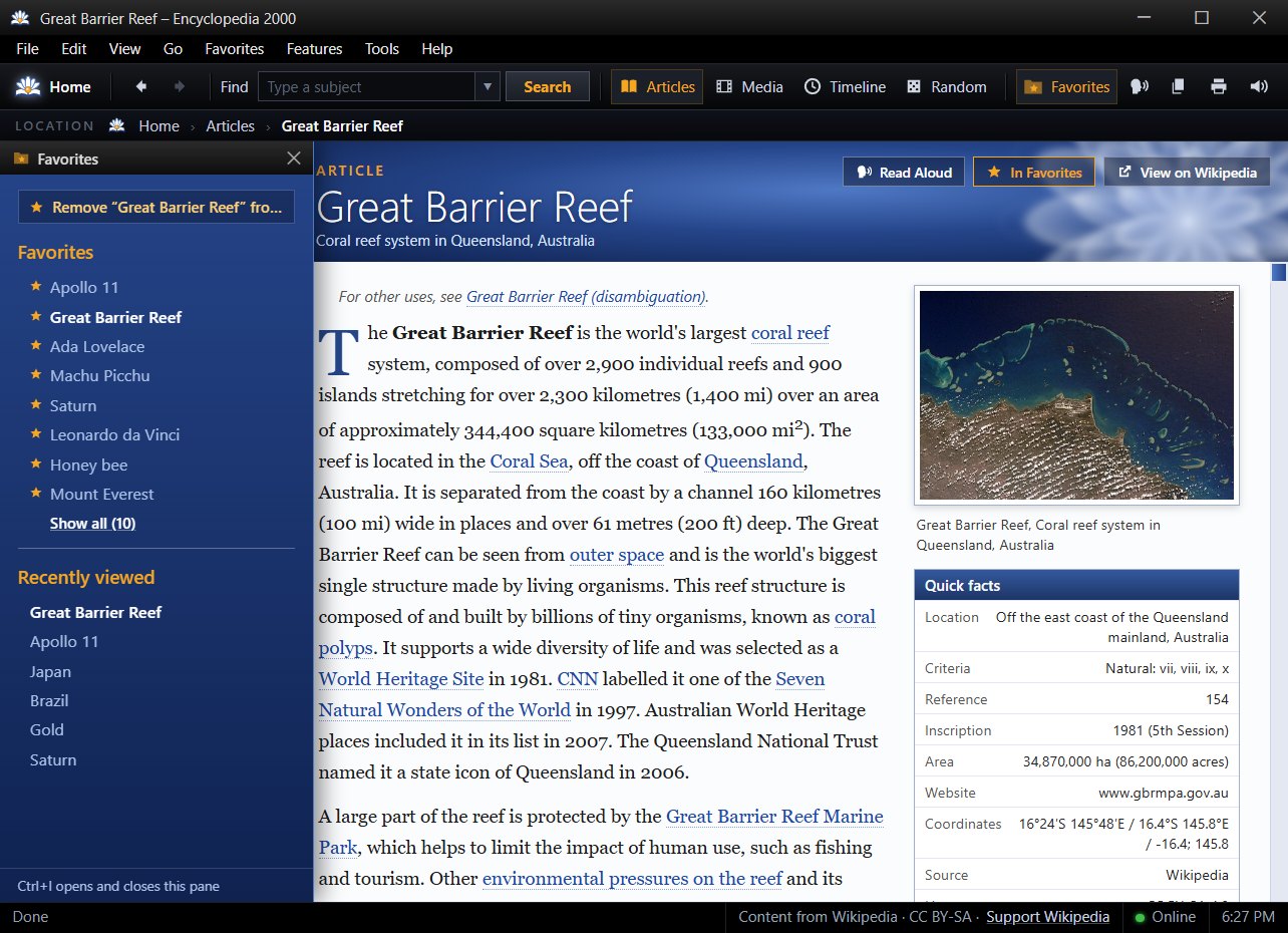 The Favorites pane open over the Great Barrier Reef article