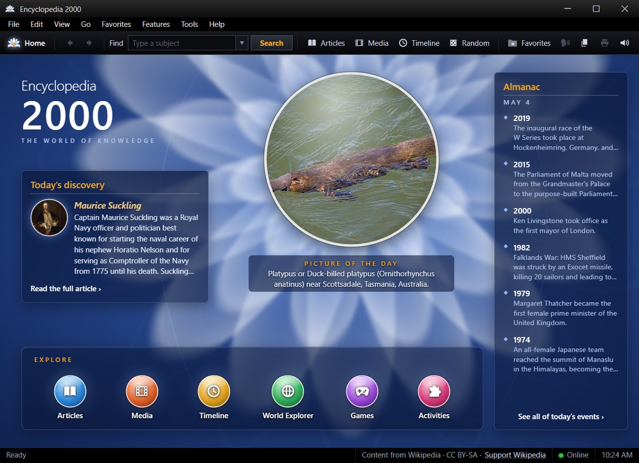The Encyclopedia 2000 Home screen, with the Picture of the Day, today's featured article, an almanac of events from this date, and the Explore shelf